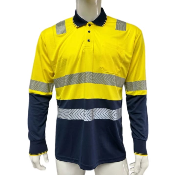 Polo haute visibilité jaune et bleu marine avec bandes réfléchissantes