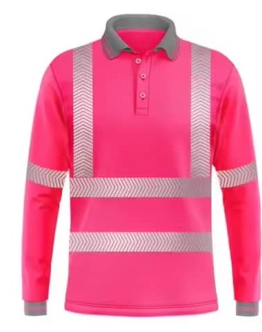 Polo manches longues haute visibilité rose fluo avec bandes réfléchissantes