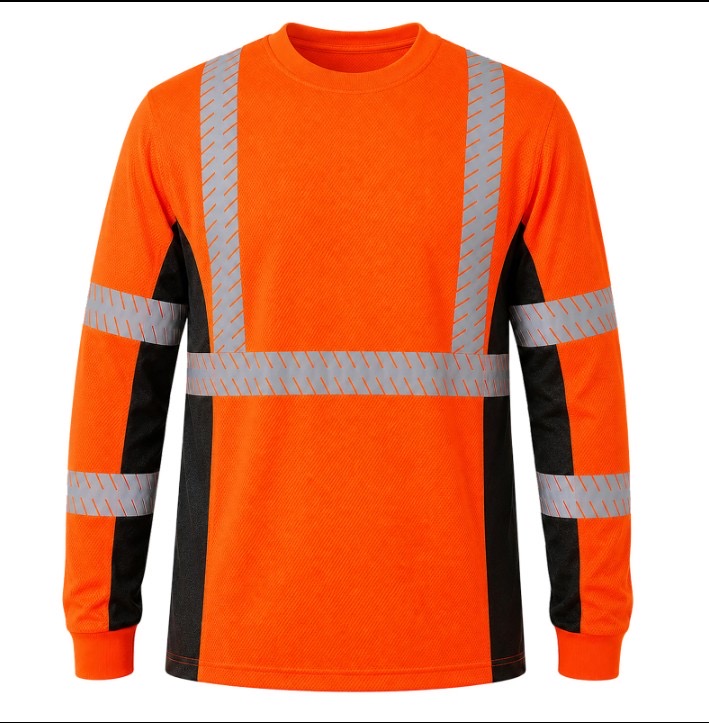 T-shirt manches longues haute visibilité orange et noir avec bandes réfléchissantes